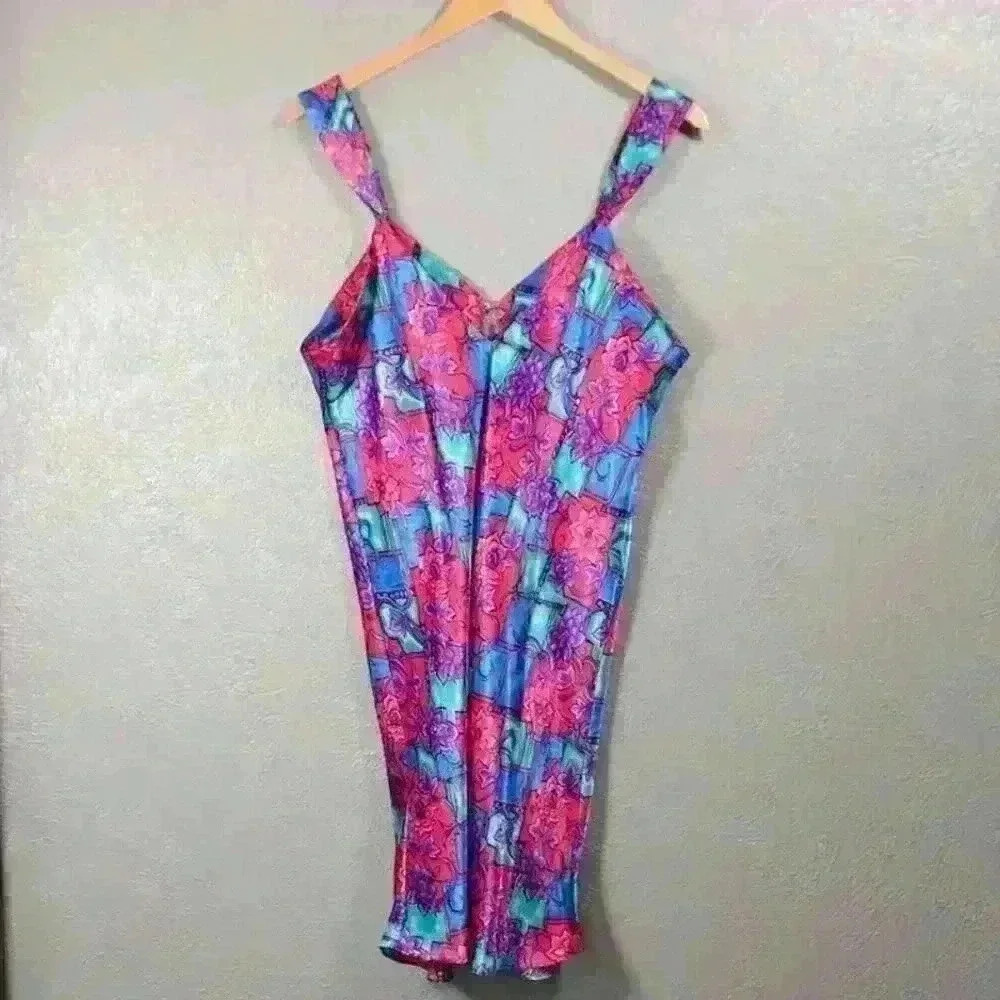VINTAGE 90s Erica Taylor Mini Satin Slip Dress Floral Lingerie Intimate Large
